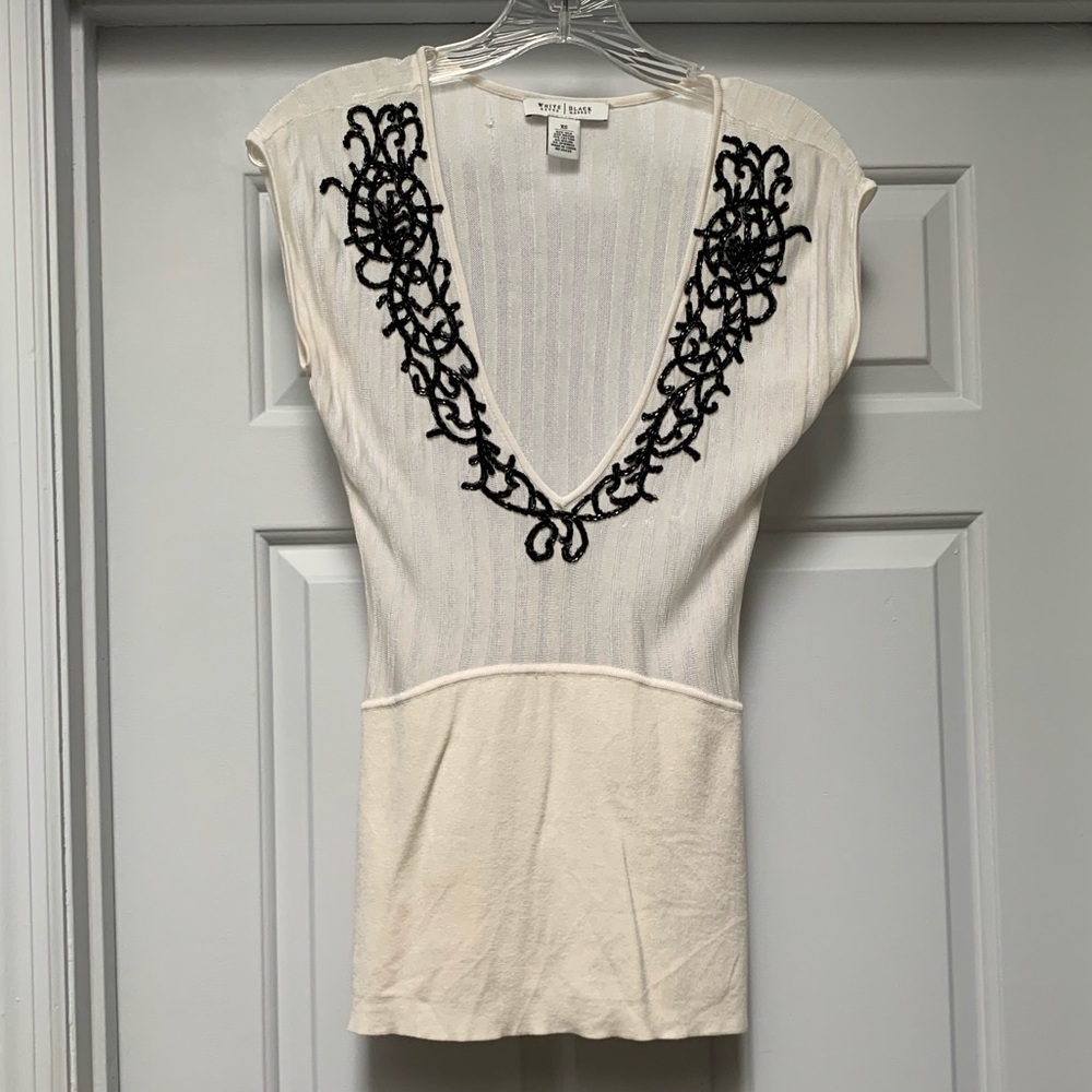 WHBM Off White And Black Beaded Silk Top Sz XS
